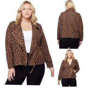 kensie Jeans Leopard print asymmetrical jacket w/ gold accents, Size 3X